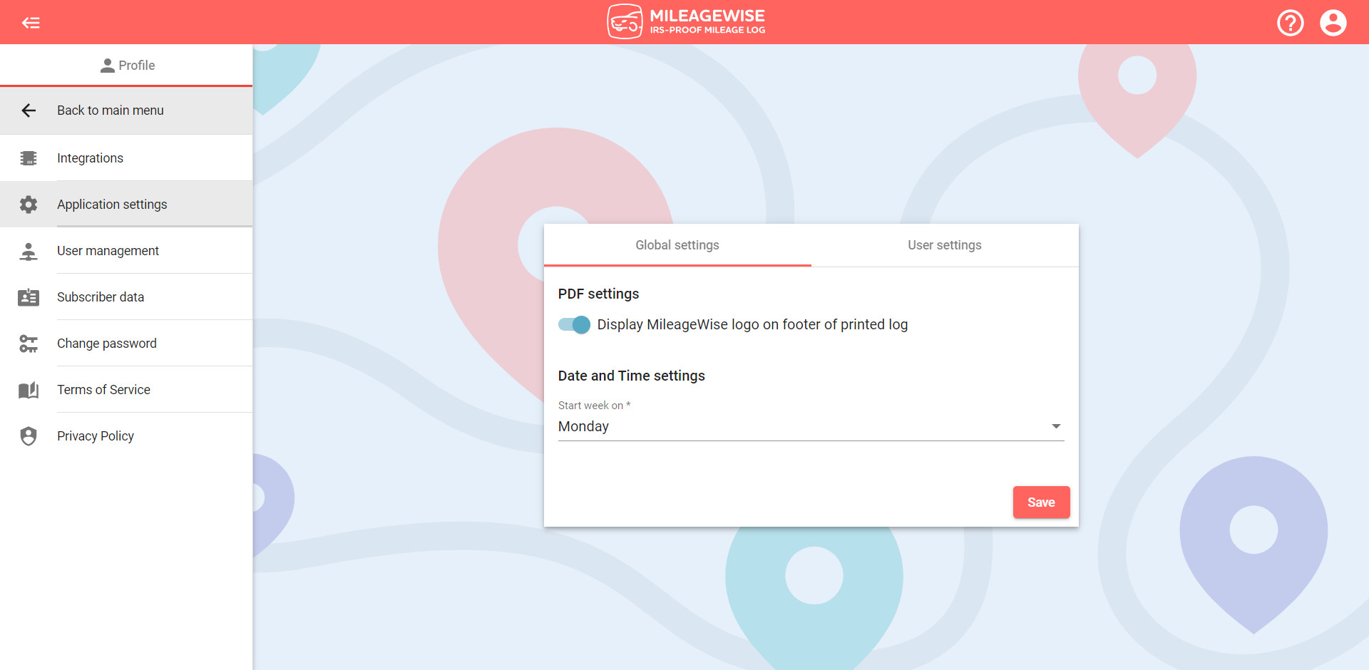 MileageWise application settings